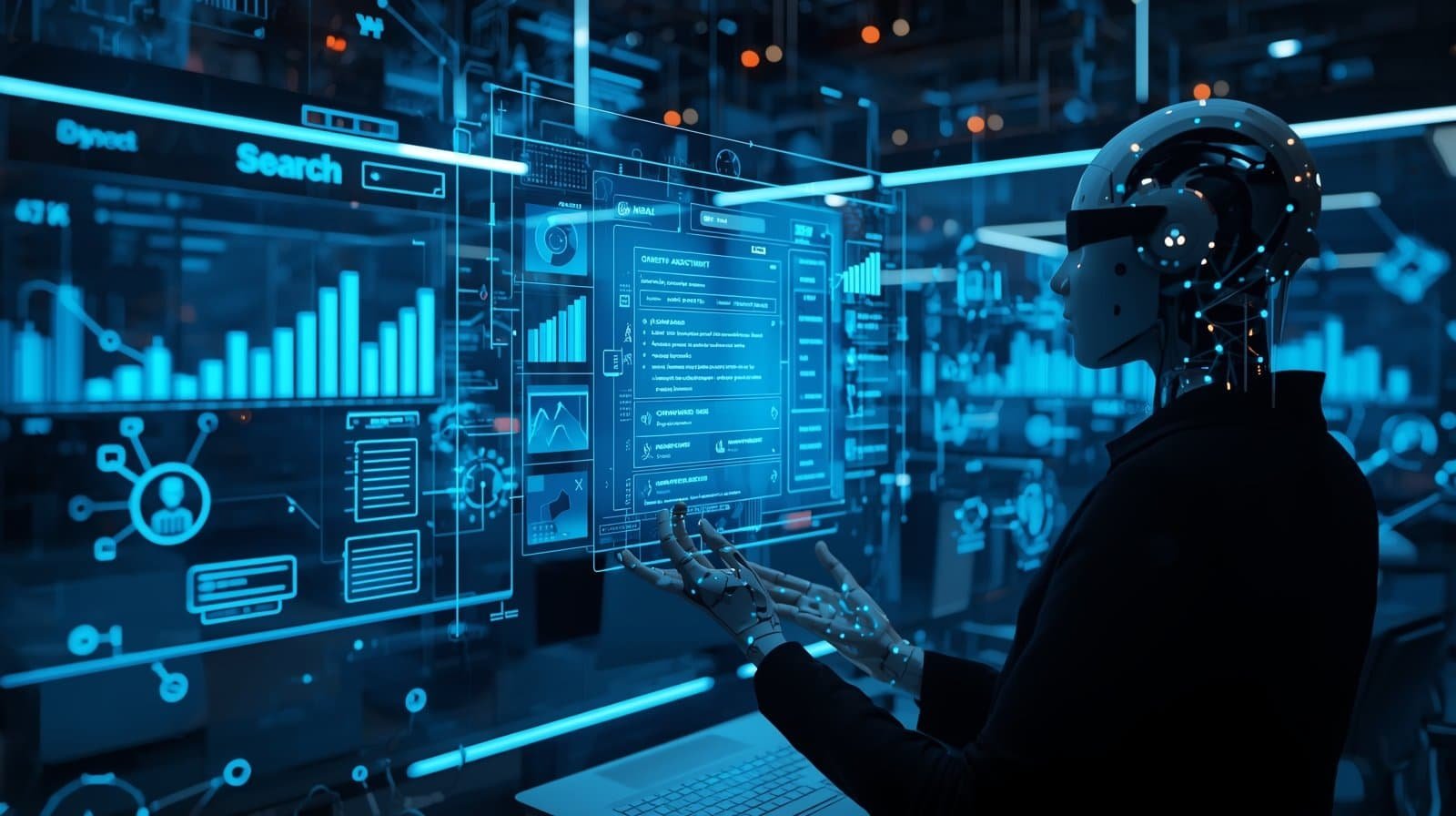 Generative Engine Optimization (GEO) and AI Search in 2026 8 *AI robot analyzing digital marketing data and search analytics on futuristic screens.*