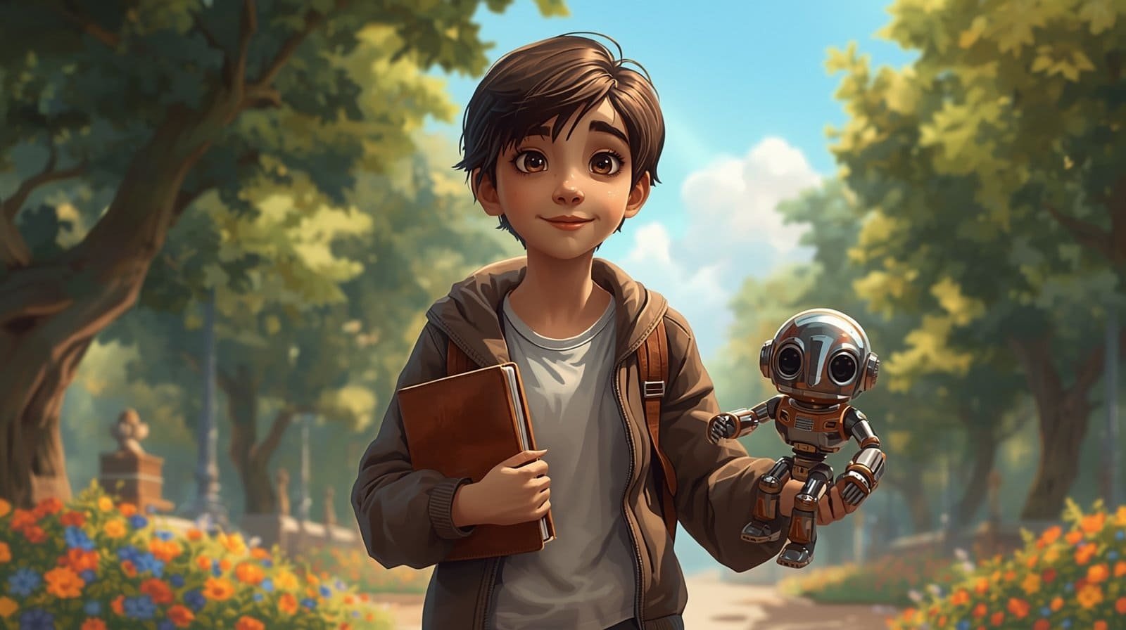 School student holding books with a small AI robot companion