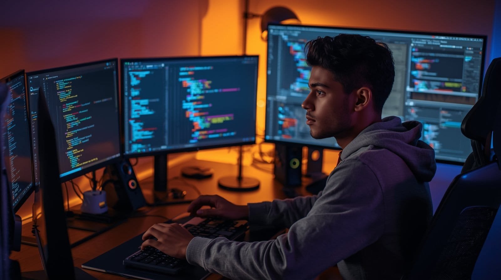 Young man coding on multiple monitors in a dimly lit setup