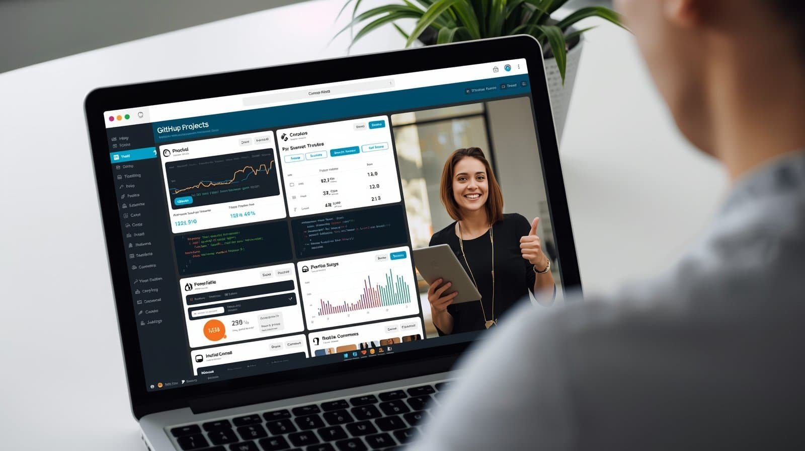 Laptop showing GitHub portfolio dashboard with analytics and a smiling woman on screen