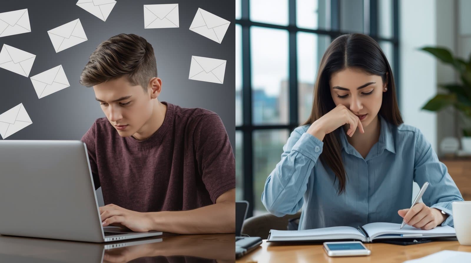 Student stressed while sending multiple emails on laptop