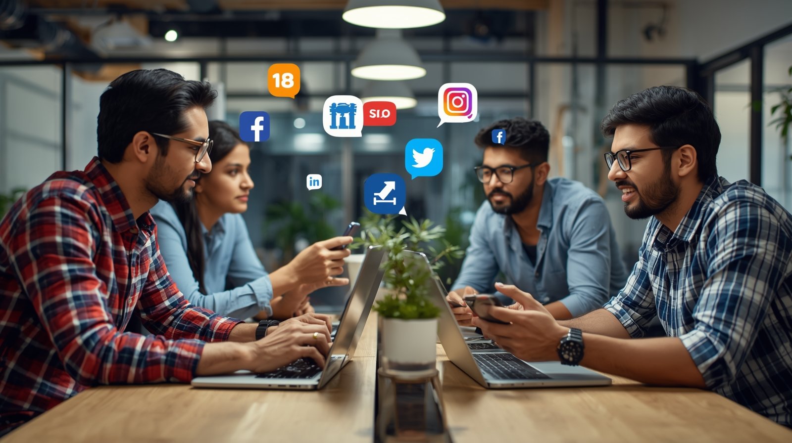Indian startup team discussing SEO and social media strategy