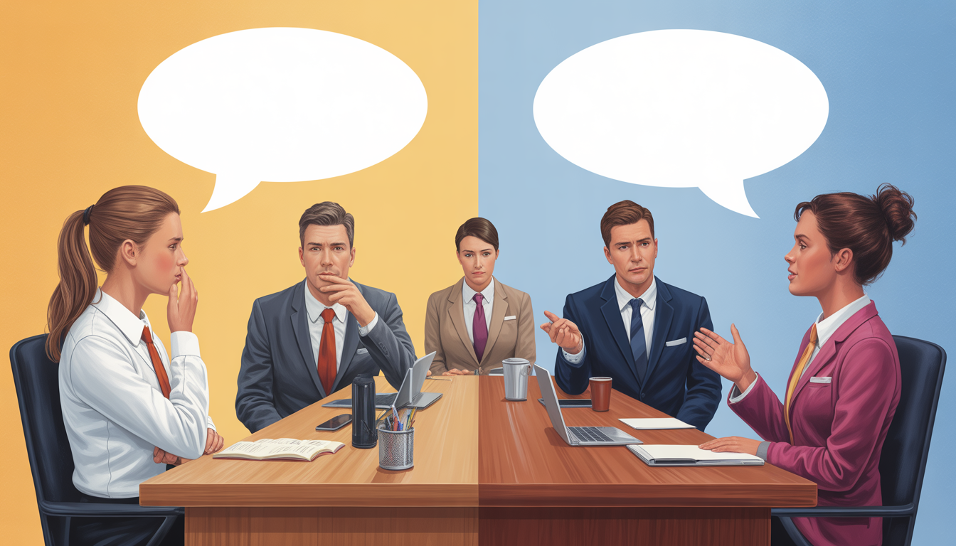 Job interview scene with nervous candidate and panel discussion