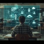 Student in old classroom using futuristic digital interface