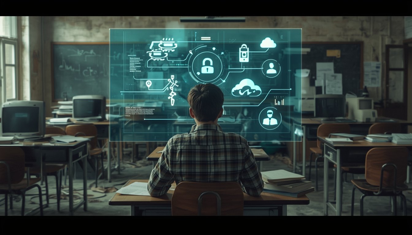 Student in old classroom using futuristic digital interface