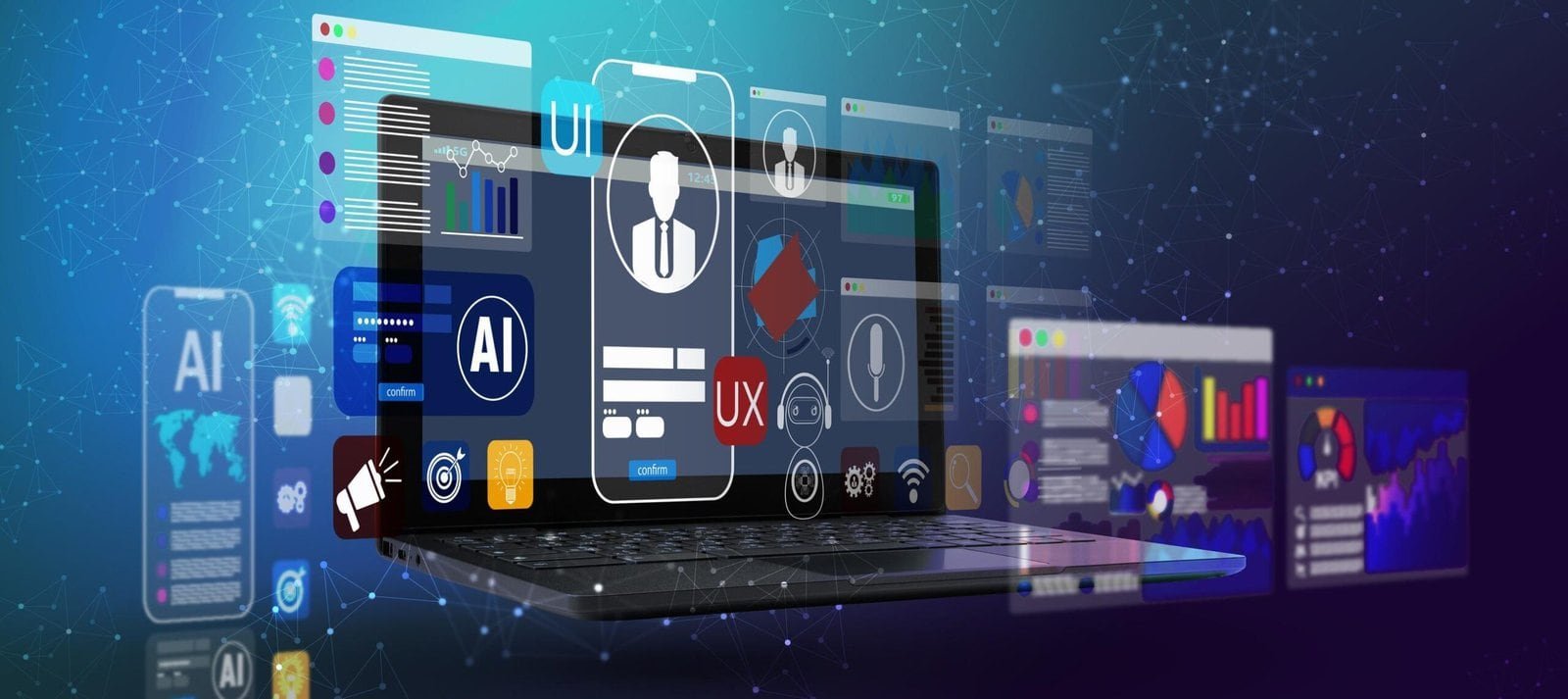 “AI powered UI UX design displayed on laptop screen”