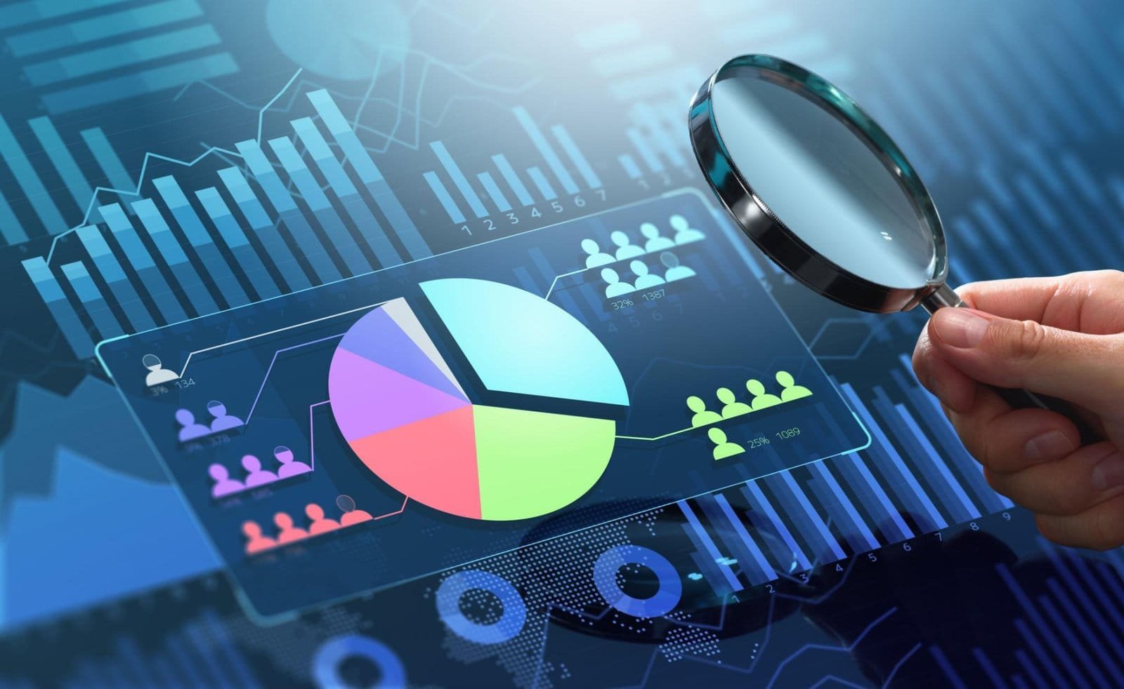 “Business data analysis with charts and magnifying glass”