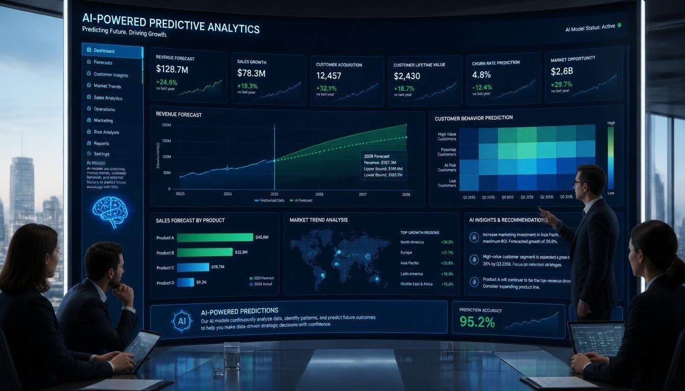 I forecasting dashboard showing predictions, trends, and business insights.