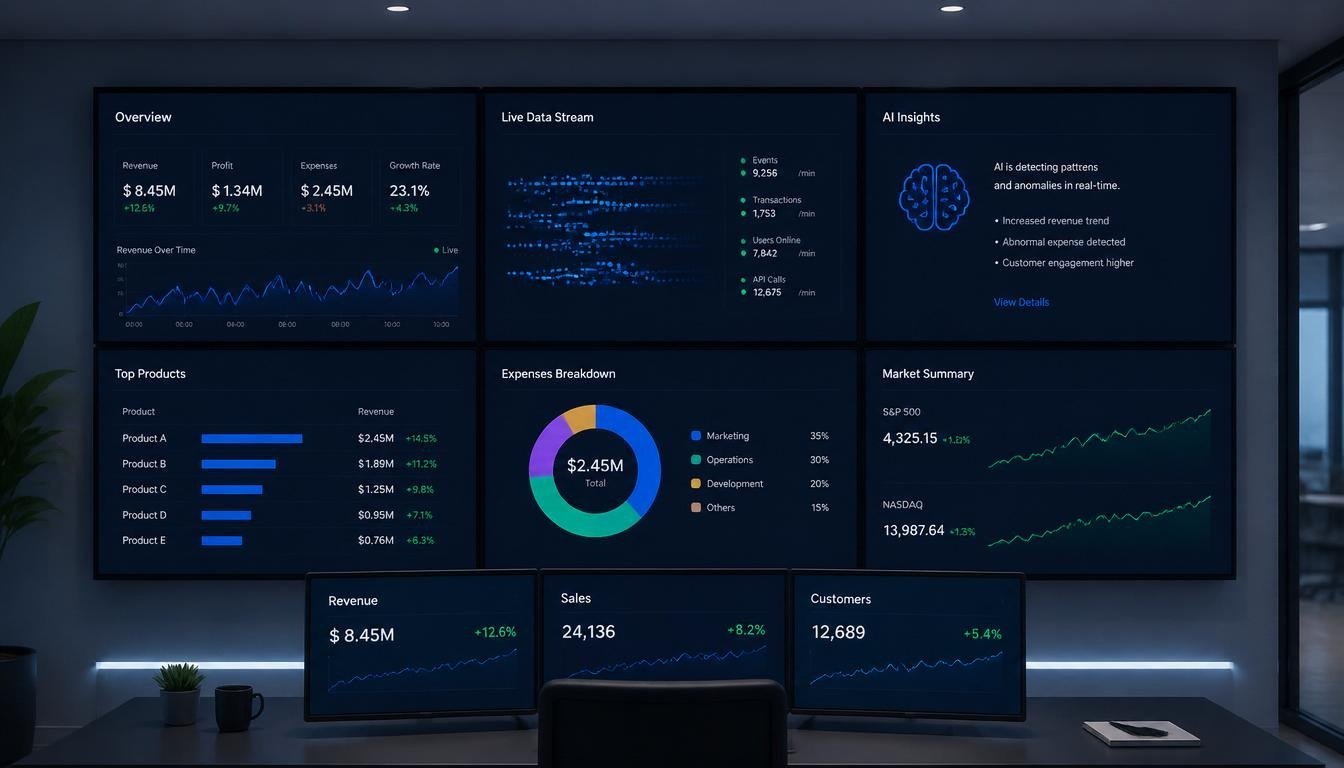 Real-time AI dashboard displaying revenue, sales, and market trends