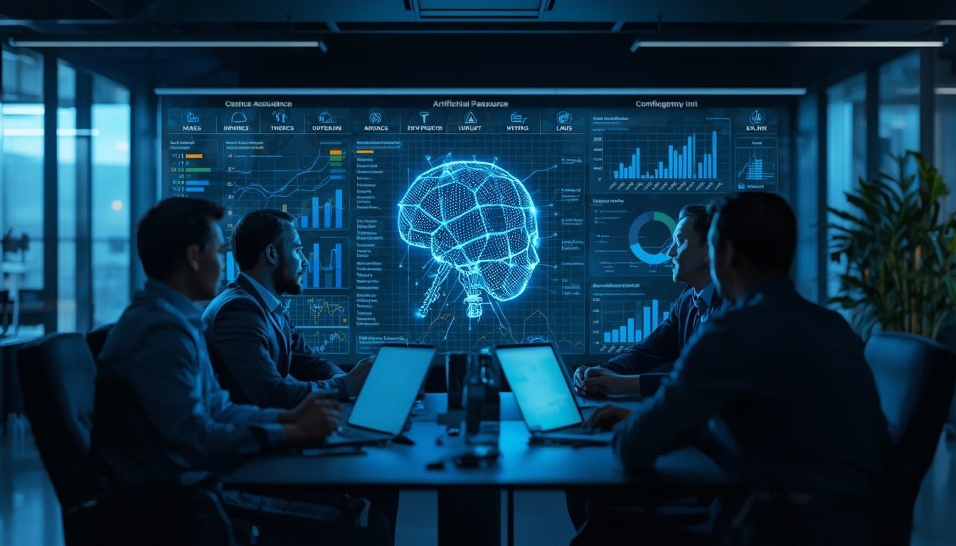 Professionals reviewing AI performance metrics and analytics dashboards.