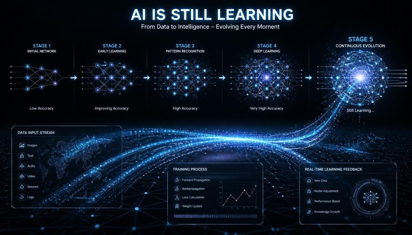 Diagram showing AI evolving through stages of learning and improvement.