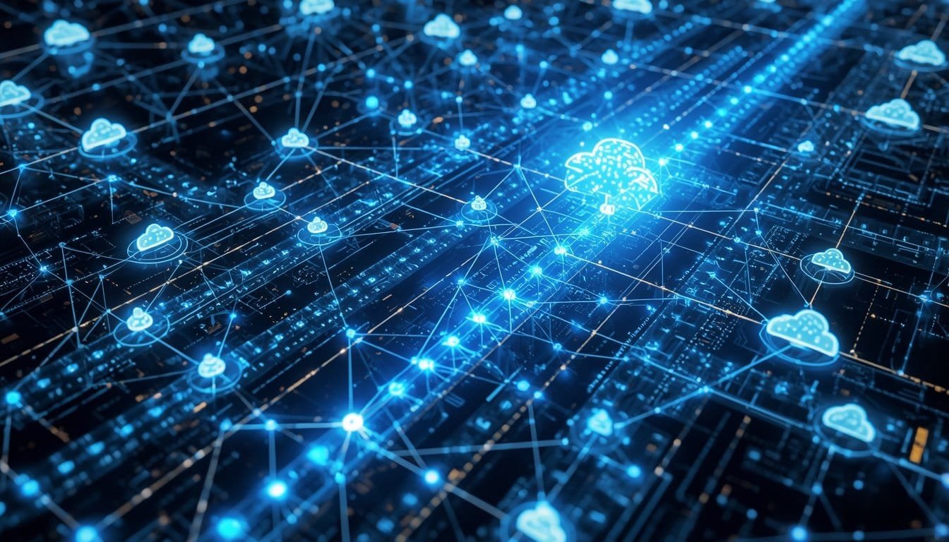 Connected cloud computing infrastructure with data flowing across a digital network.