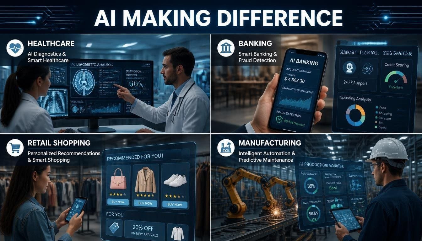 AI applications in healthcare, banking, retail, and manufacturing.