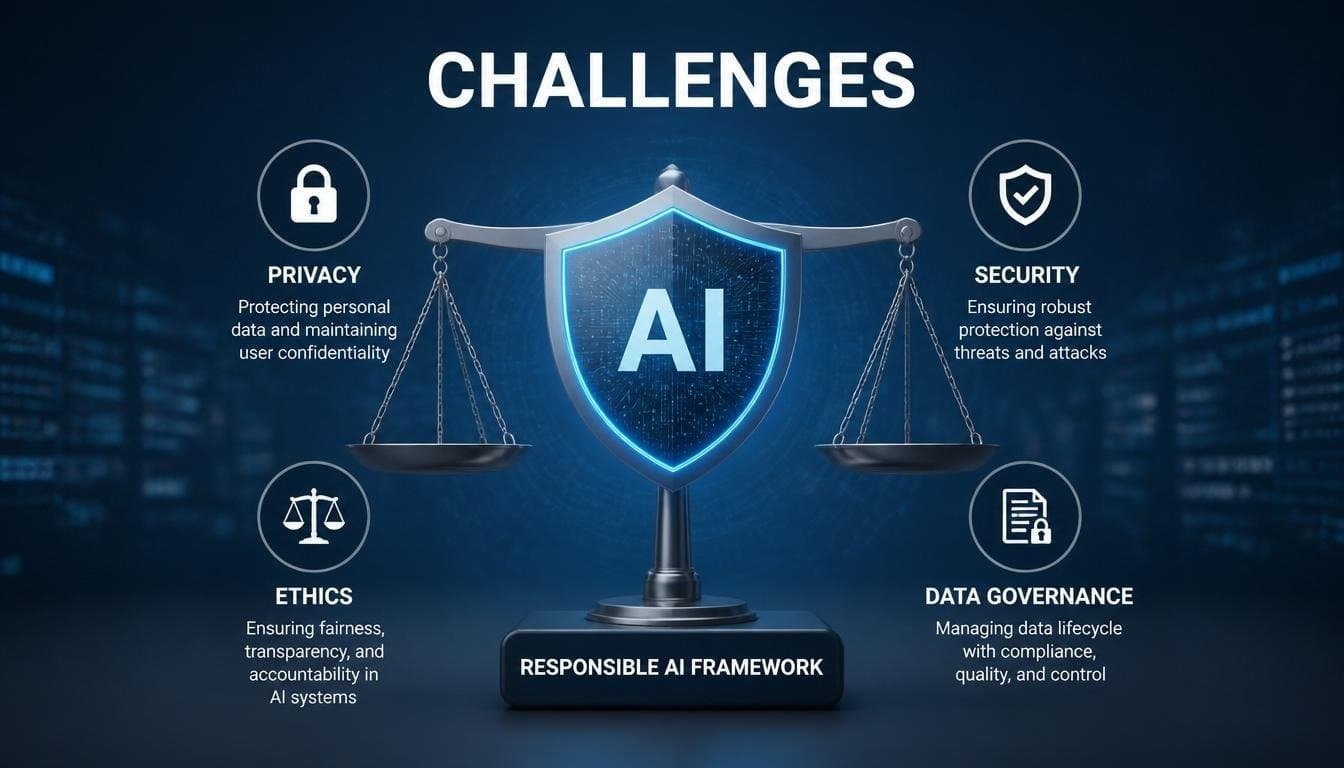 Responsible AI framework balancing privacy, security, ethics, and data governance.