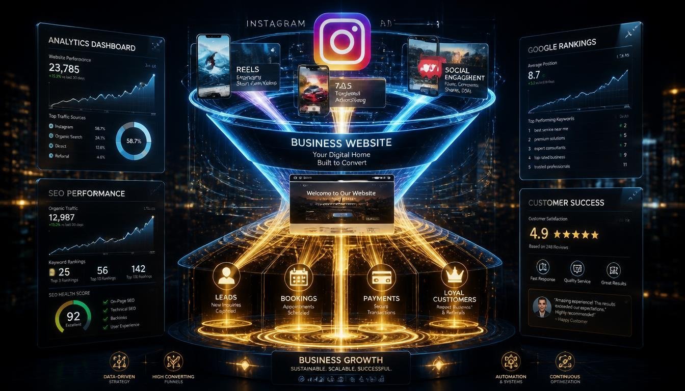 How SEO, Google Ads and Meta Ads Can Together Generate High-Intent Leads 9 gpt image 2 A spectacular digital marketing funnel made of glowing light. Instagram sits at 0