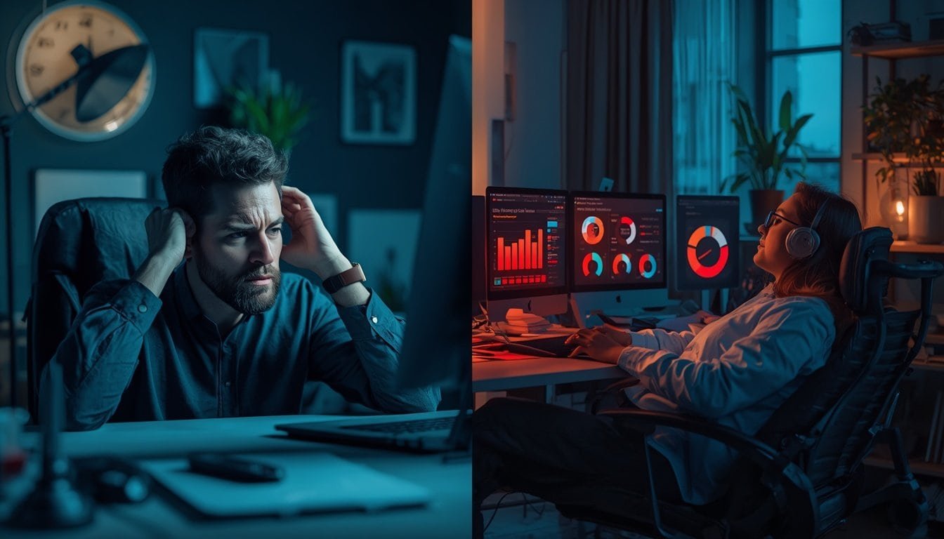 lucid origin Split screen comparison. One exhausted entrepreneur constantly recording reels e 0