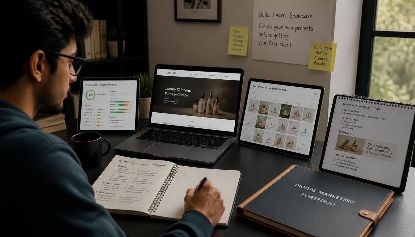Student managing digital marketing projects on a laptop.