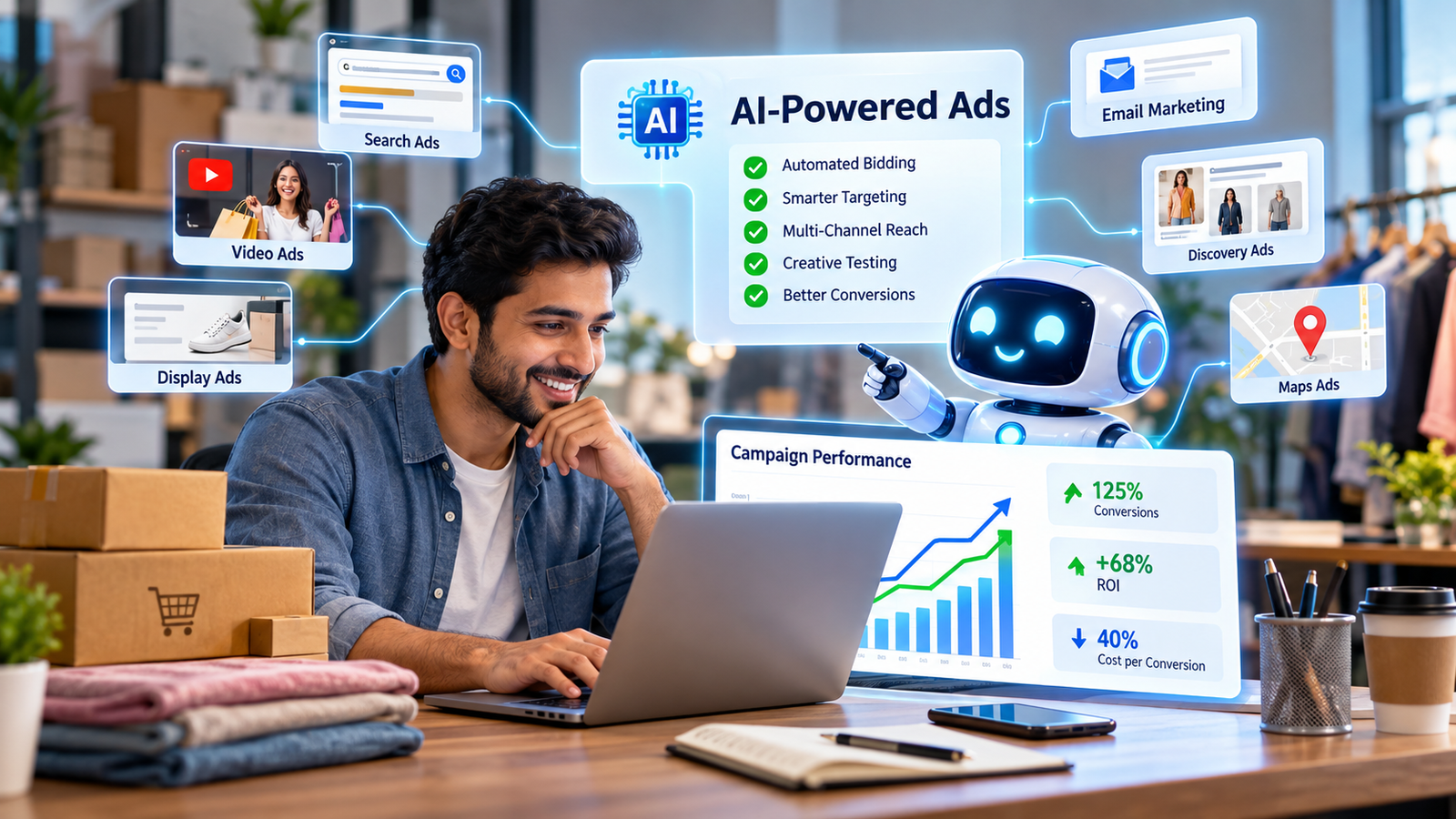 AI-powered advertising concept showing a digital marketer and AI assistant analyzing automated bidding, audience targeting, multi-channel ads, creative testing, conversions, and campaign performance.