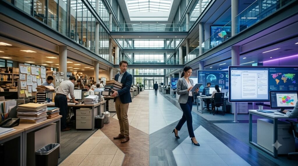 “Modern office environment showing professionals working with traditional paperwork alongside digital technology and data dashboards.”