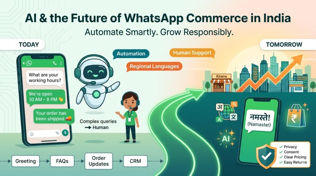 AI and the future of WhatsApp commerce in India, showing chat automation, human customer support, regional language messaging, and secure online shopping.