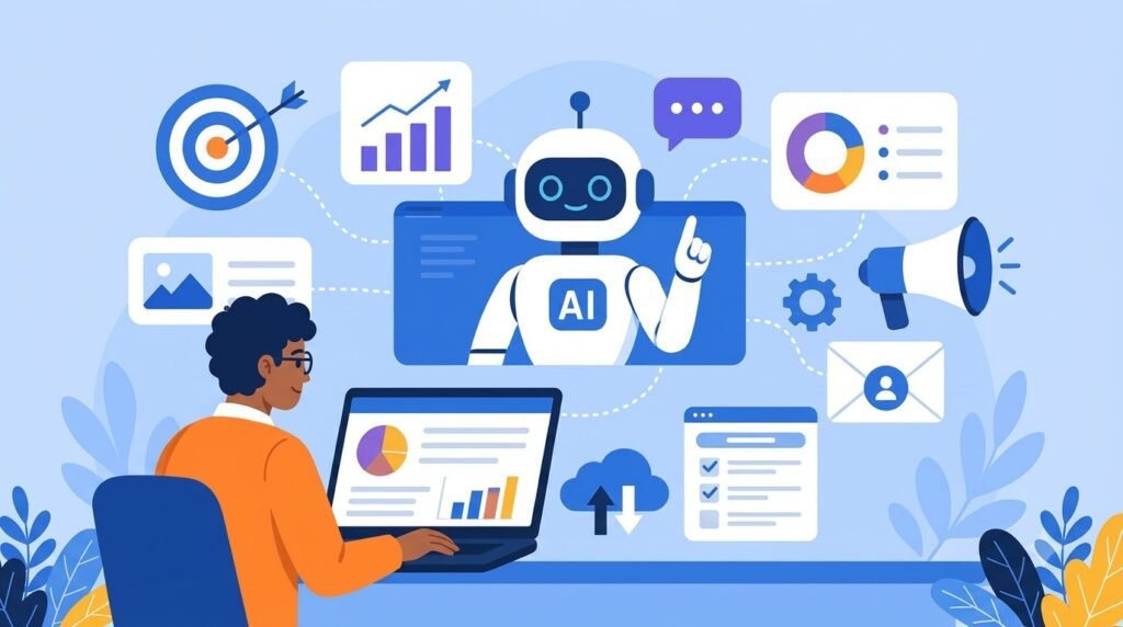 AI-powered digital marketing illustration showing a marketer using AI tools for content creation, campaign analytics, advertising, and performance tracking.
