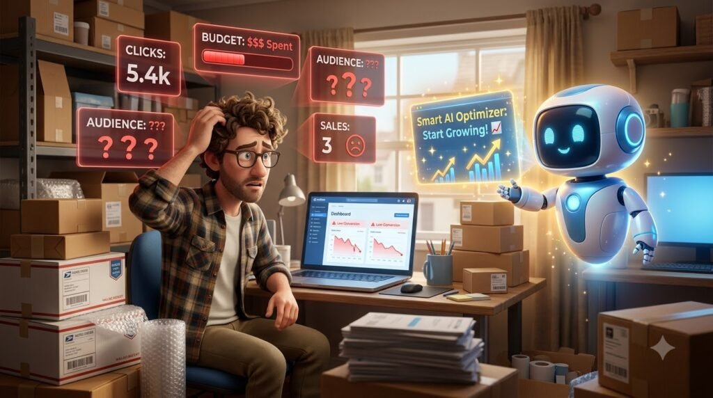 Small business owner reviewing low advertising conversions and campaign performance while an AI assistant displays marketing optimization insights.