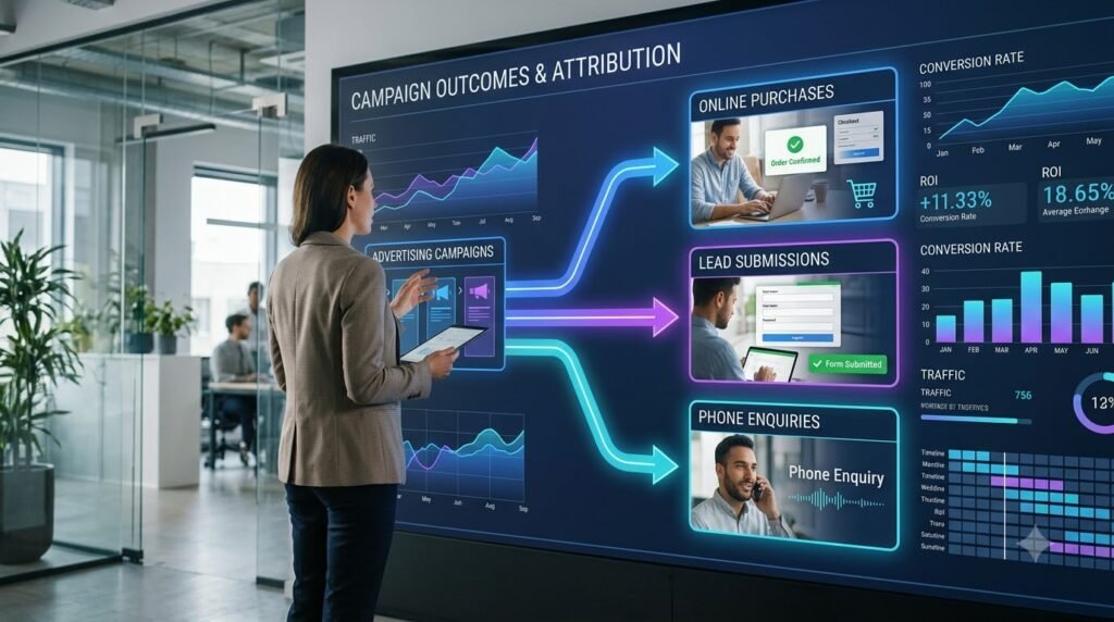 Digital marketing professional analyzing advertising campaign performance, conversion rates, online purchases, lead submissions, and phone enquiries on an analytics dashboard.