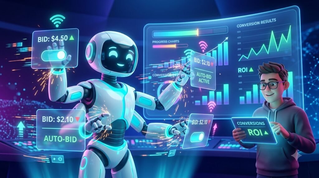 AI-powered digital advertising optimization with automated bidding, campaign performance charts, conversion tracking, and return on investment (ROI) analysis.