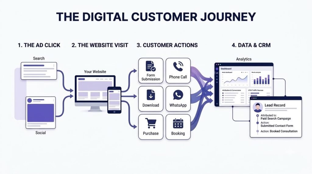 Digital customer journey infographic showing ad clicks, website visits, customer actions, and conversion tracking through analytics and CRM.