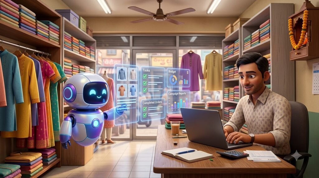 AI assistant helping an Indian clothing store owner manage product images, advertising budgets, campaign reports, and completed orders using a laptop.