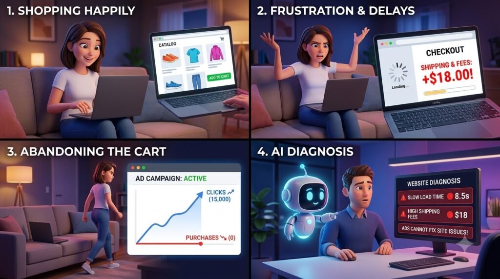 Four-stage illustration of ecommerce cart abandonment, showing a happy online shopper, frustration with slow checkout and high shipping fees, abandoned purchases despite ad clicks, and AI identifying website issues affecting conversions.