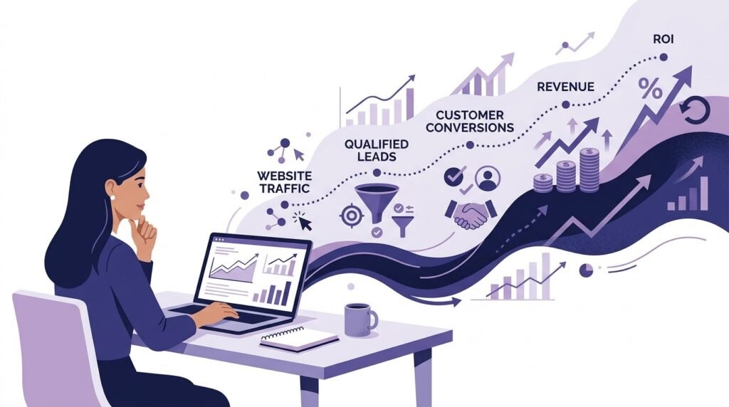Illustration showing the journey from website traffic and qualified leads to customer conversions, revenue, and ROI.