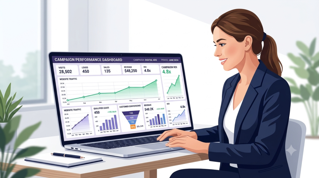 Professional illustration of a digital marketer analysing a campaign performance dashboard on a laptop, displaying website traffic, leads, sales, revenue, and ROI metrics.