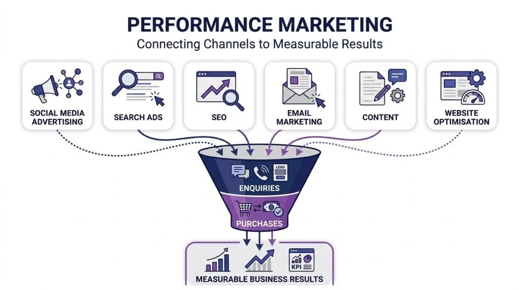 Performance marketing infographic showing social media advertising, search ads, SEO, email marketing, content marketing, and website optimisation working together to generate enquiries, purchases, and measurable business results.