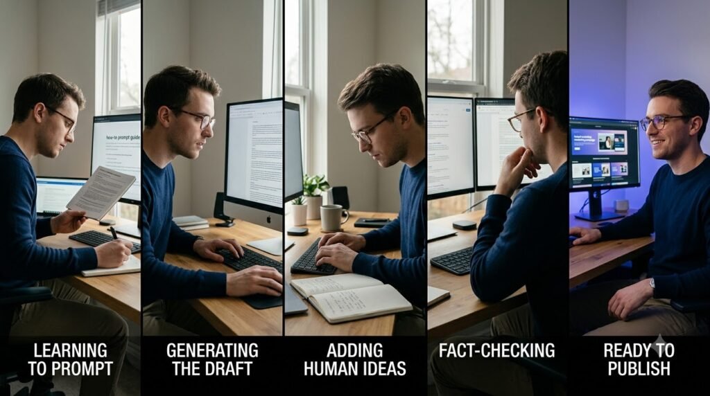 Marketer using AI for prompting, content creation, adding human ideas, and fact-checking before publishing