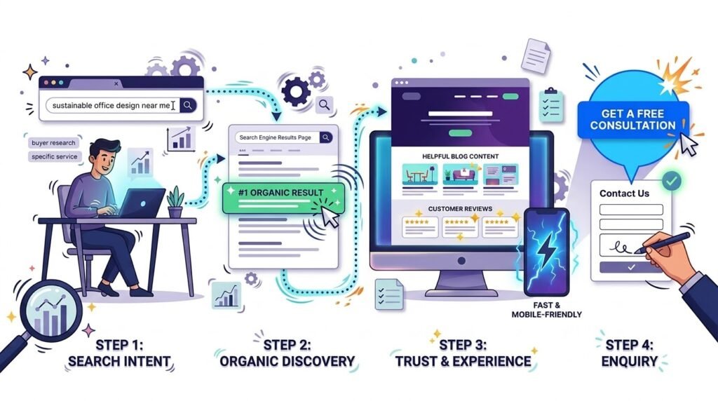 SEO infographic showing the journey from search intent to organic discovery, website trust, and customer enquiry.