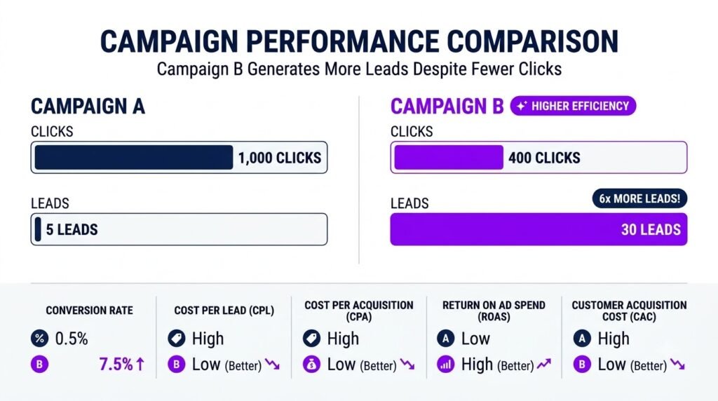 Campaign comparison infographic showing how Campaign B generates more leads with fewer clicks than Campaign A.