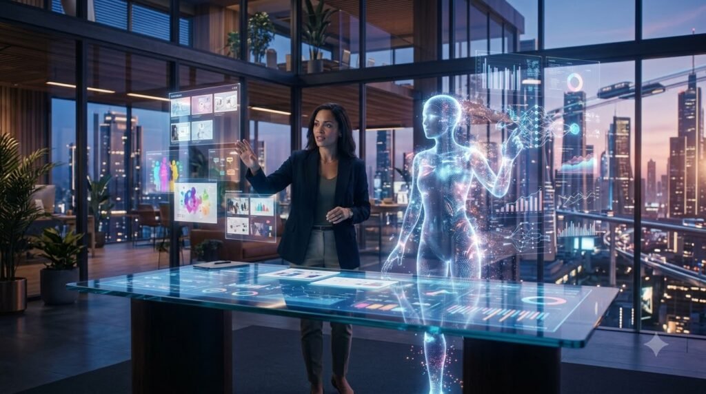Human marketer collaborating with an AI assistant to analyse marketing data and make strategic decisions