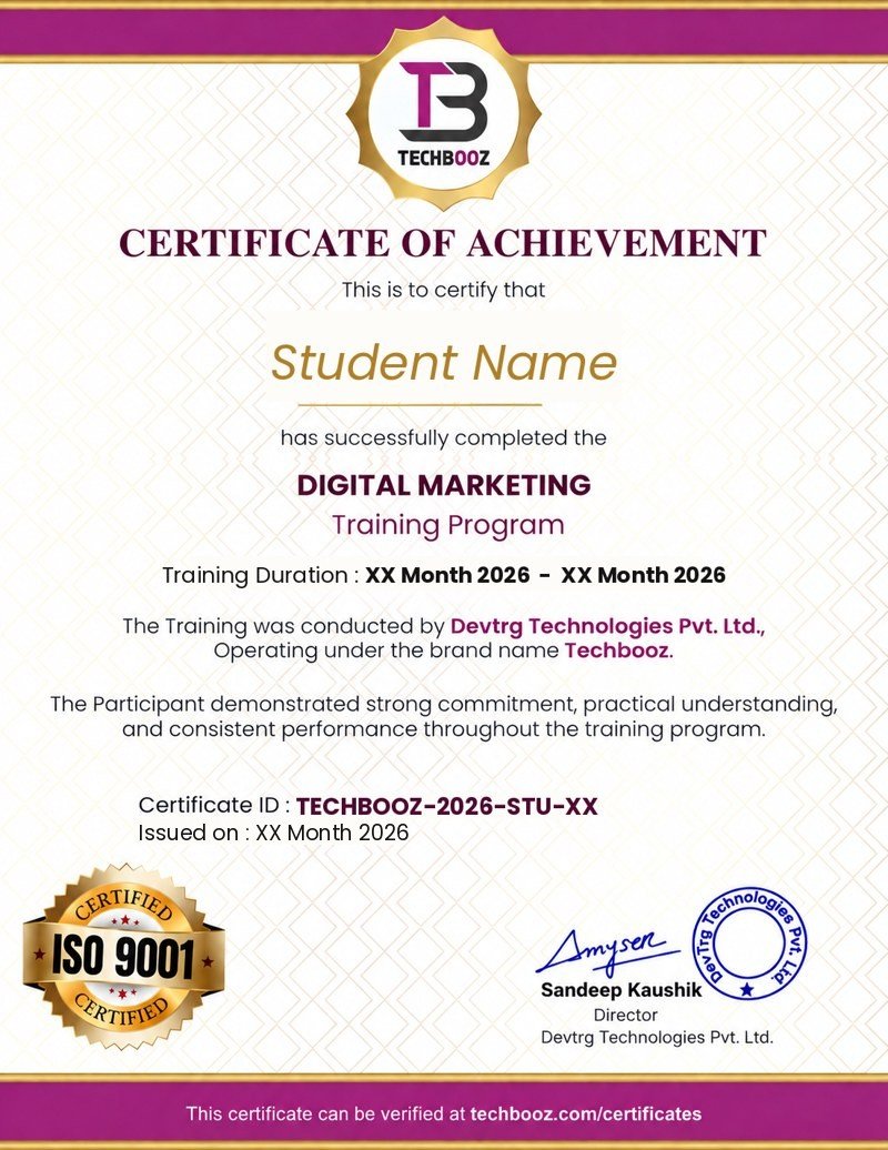 TechBooz Digital Marketing Training Program certificate of achievement with ISO 9001 seal
