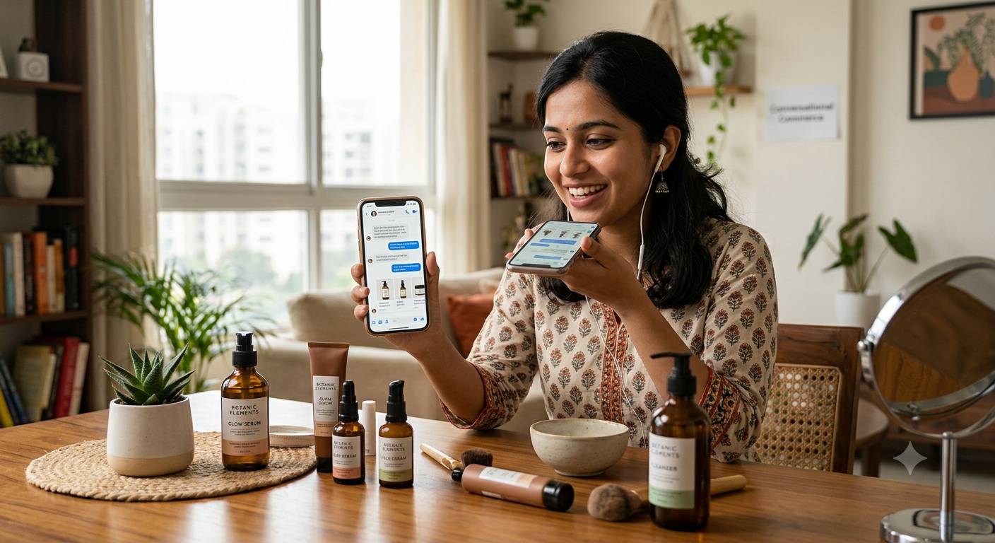 Indian customer exploring skincare products and chatting with a beauty business on a smartphone.