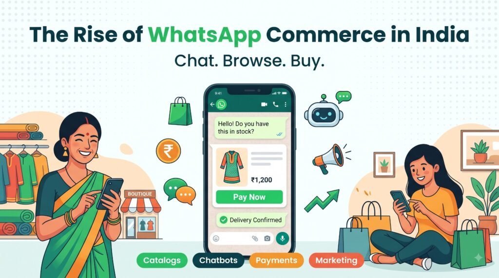 WhatsApp commerce in India connecting small businesses and customers through product catalogs, chatbots, digital payments, and online marketing.