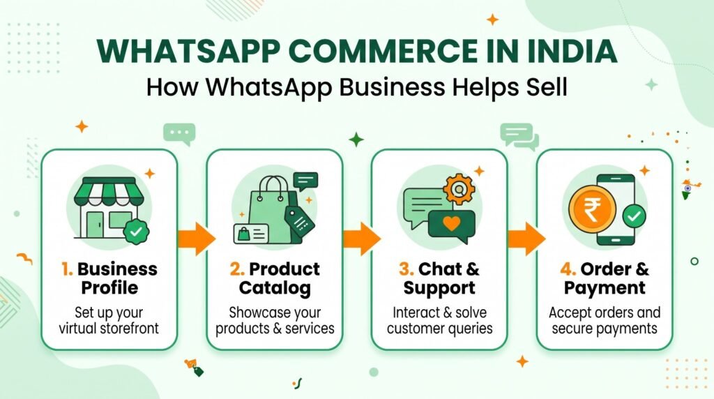 How WhatsApp Business supports commerce through business profiles, product catalogs, customer chat support, and order payments.